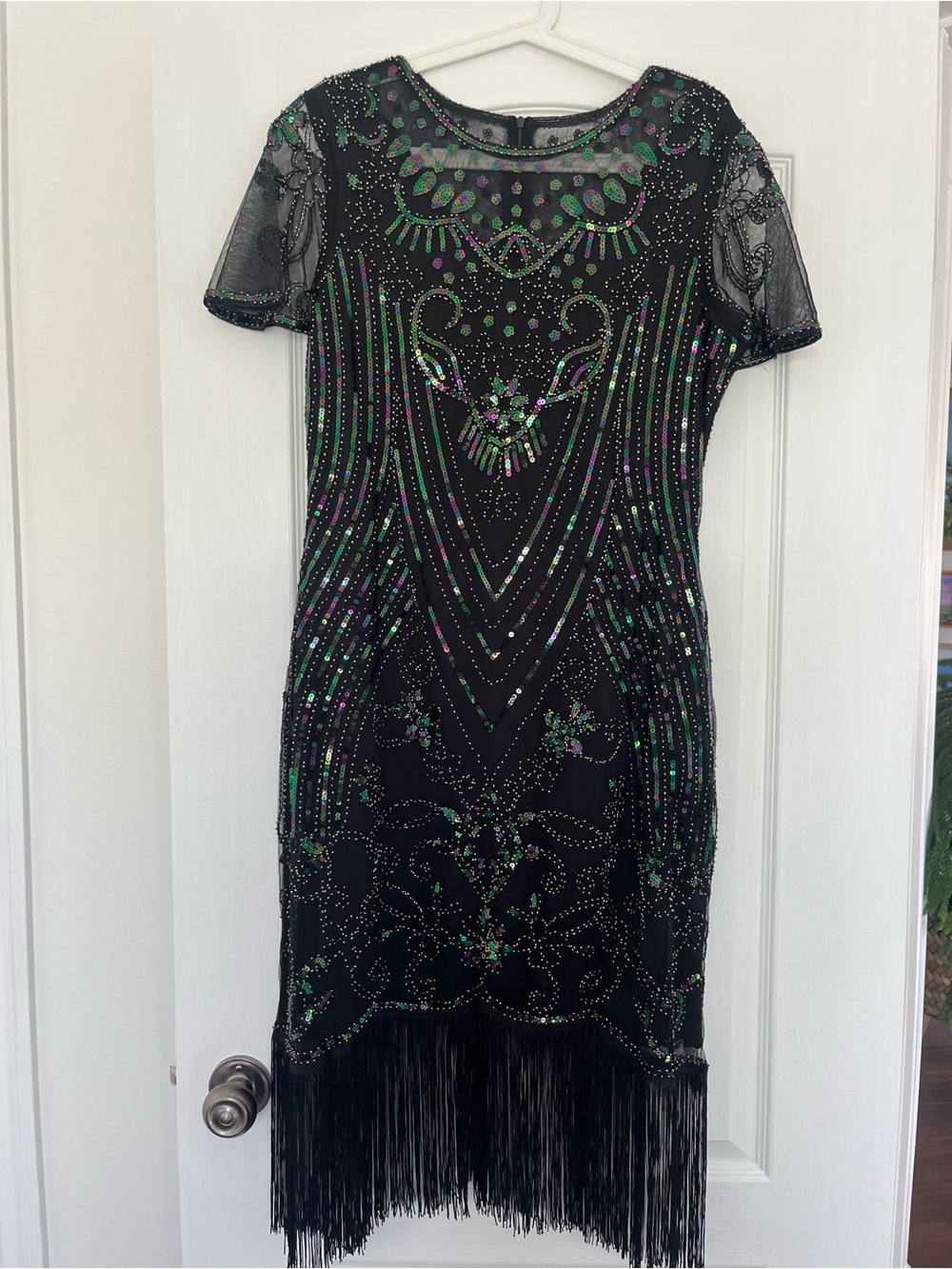 Black Beaded Fringe Short-Sleeve Flapper Dress